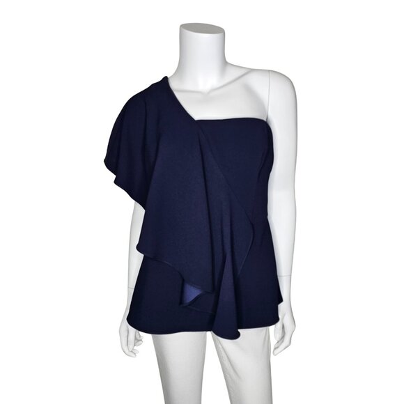 TRINA TURK "Glamorous" Navy One-Shoulder Flounce Top | US 6 | Retail $228 - Picture 3 of 7